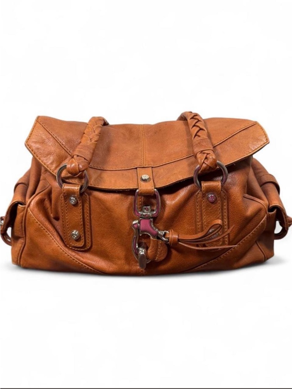 Francesco Biasia Braided Handle Leather Satchel - Cognac Brown